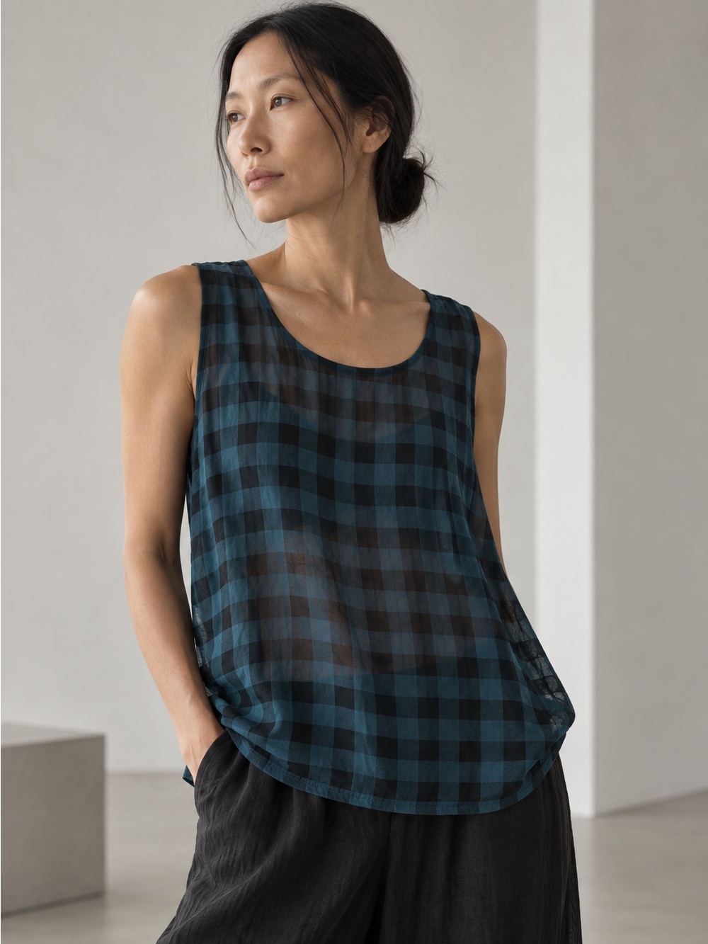 Eileen Fisher Woman Blue Black Silk Buffalo Plaid Tank Size 1X